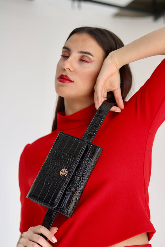 Aria Crocodile Waist Bag In Black