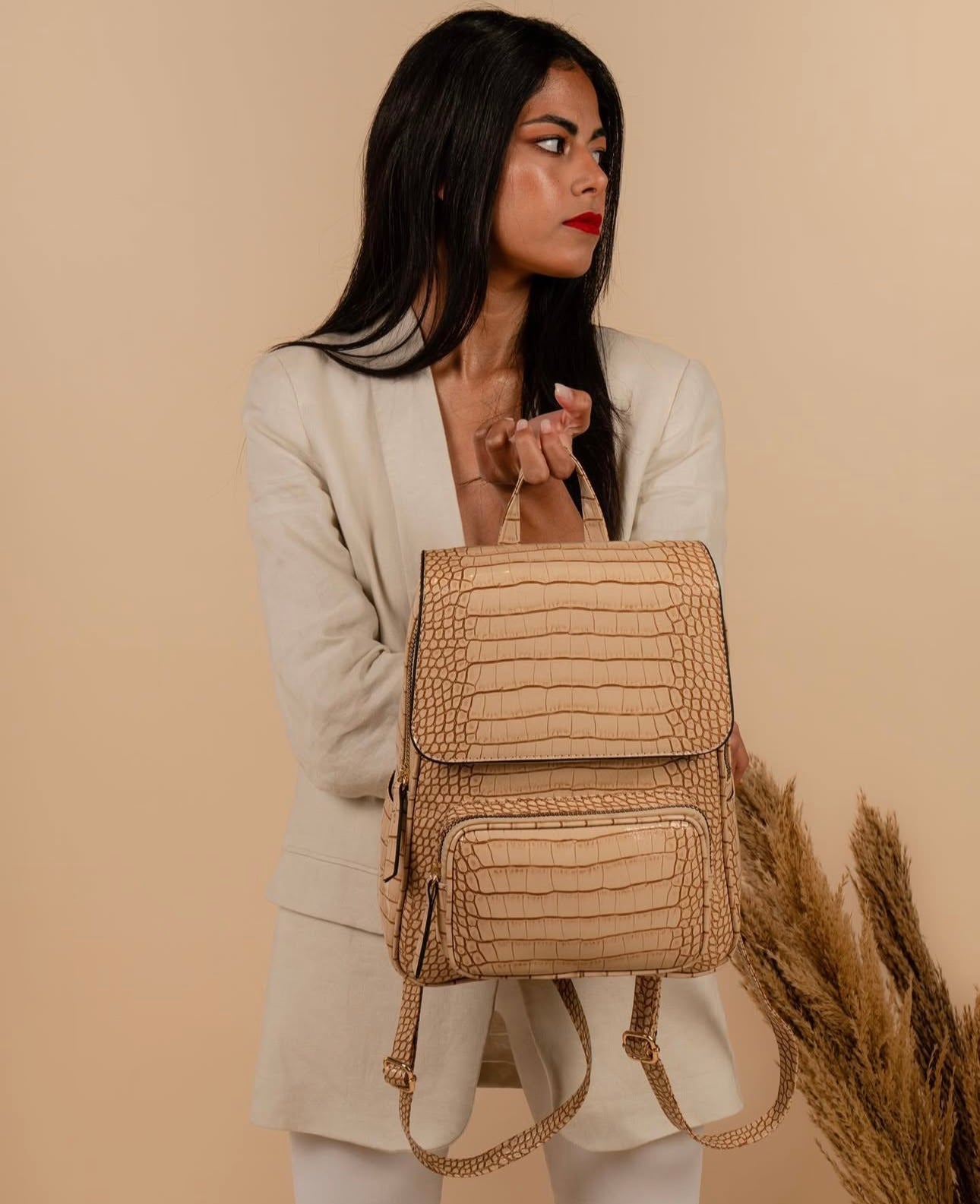 Zira Crocodile Backpack In Beige